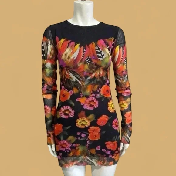 Fuzzi Mesh Floral Bodycon Mini Dress Long Sleeve Italian Designer Women’s Large - Picture 15 of 15